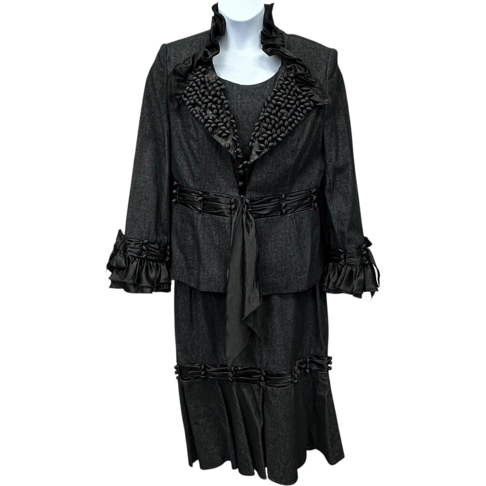 Champagne Italy Skirt Suit Set Womens 17 Black Jacket Denim Satin Trim‎ Ruffle